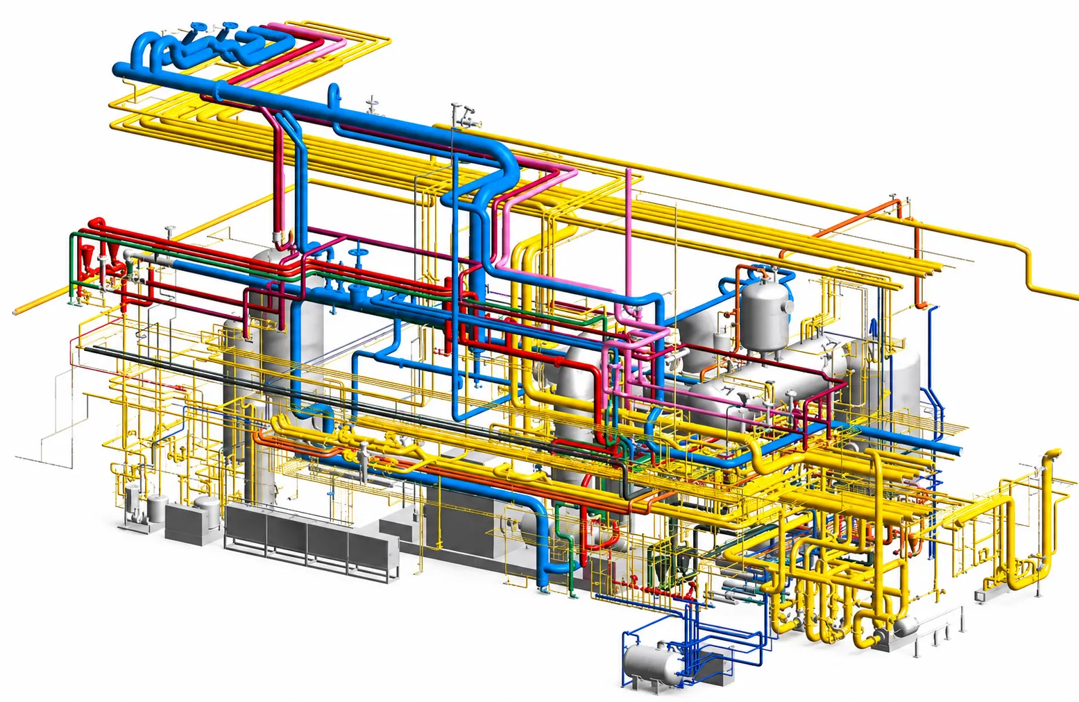 Modello tridimensionale del piping di un impianto: linee di processo, apparecchiature e strutture
