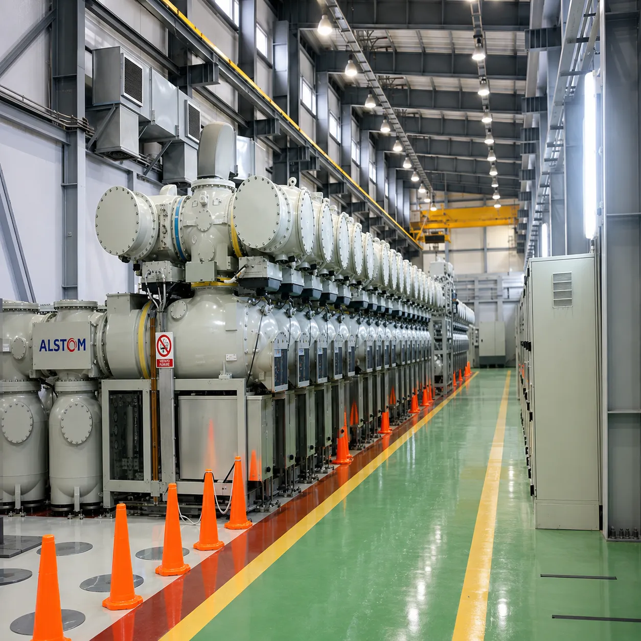 Sala di una sottostazione in gas isolato: fila di scomparti GIS ad alta tensione lungo il corridoio di manovra