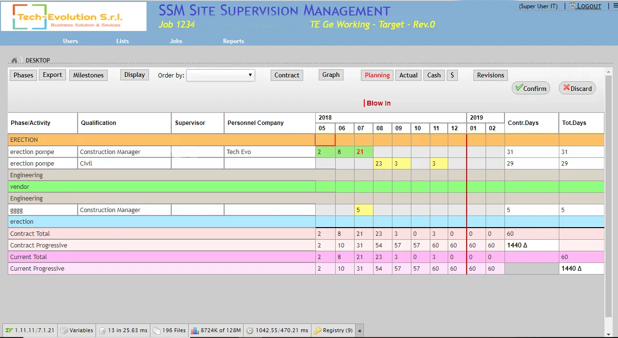 Schermata di SSM Engineering: diagramma di Gantt con fasi, discipline e carichi di lavoro